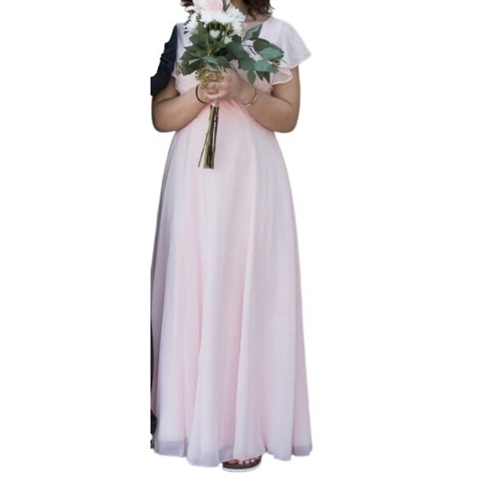 Pink Chiffon Flutter Sleeve V-Neck Maxi Dress Bridesmaid Formal Gown